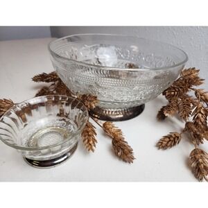 Vintage Glass Serving Bowls with Silver Bases, 1 Large & 1 Small, Gorgeous Glass